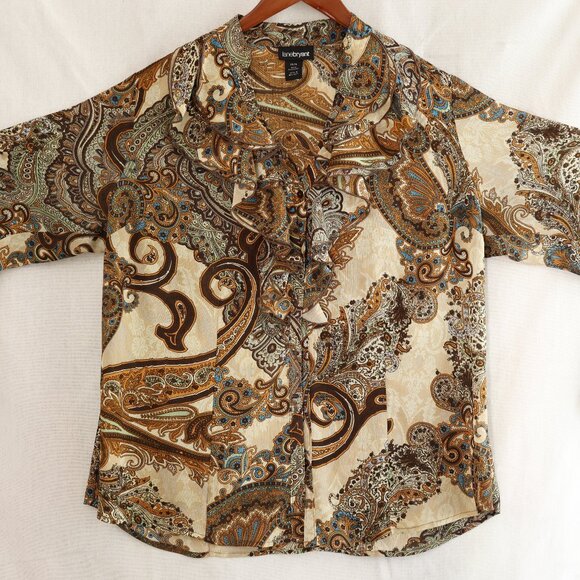 Women's Ruffle Top Paisley Blouse Brown Tan Chiffon Office Wear Dressy Casual - Picture 1 of 6